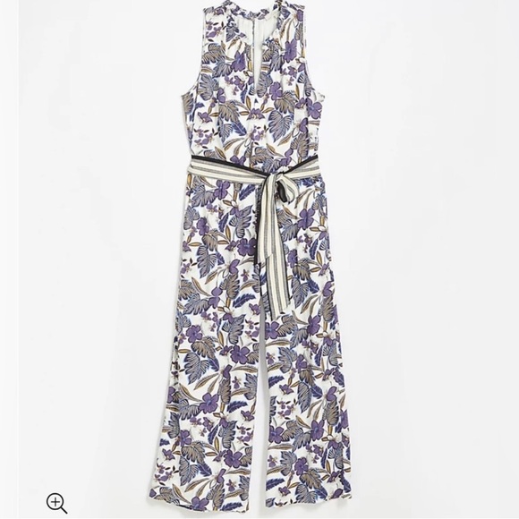 Ann Taylor LOFT Womens Purple Floral Ruffle Neck Pant Jumpsuit Wide Leg Tropical - Picture 2 of 15